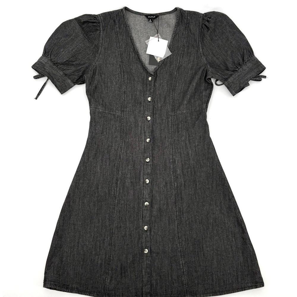Sim & Sam Womens Black Denim Chambray Short Puff Sleeve Button Front Dress M